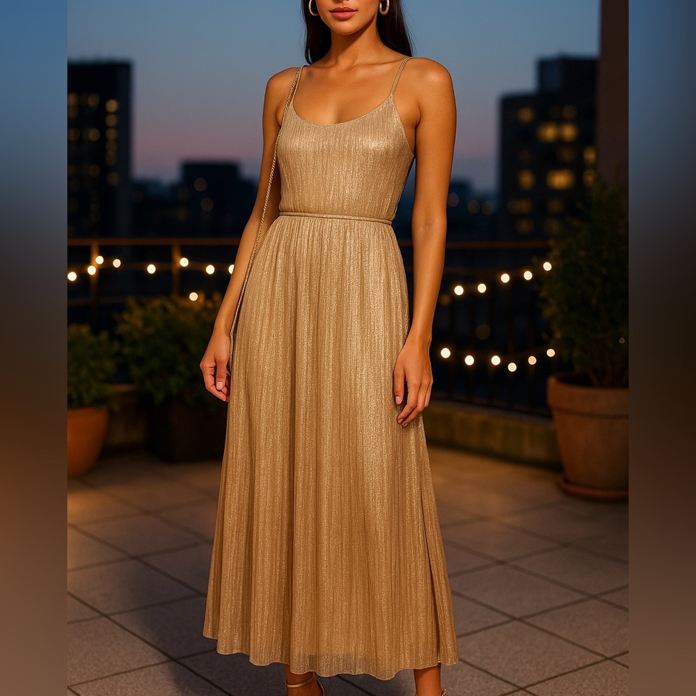 Mango Metallic Gold Midi Dress